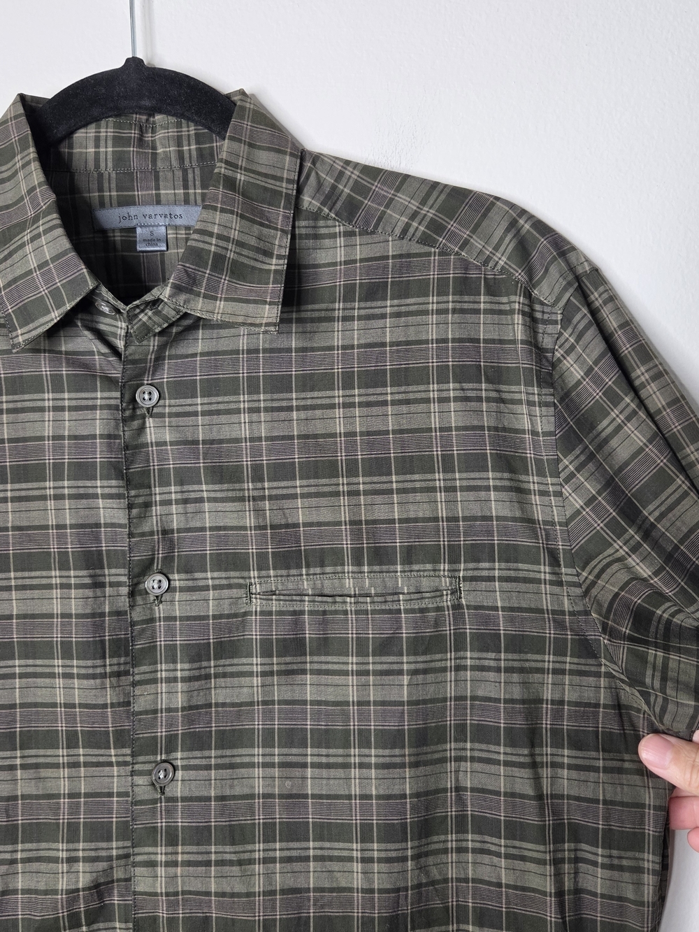 John Varvatos Green Plaid Cotton Button Up Shirt - Picture 3 of 7